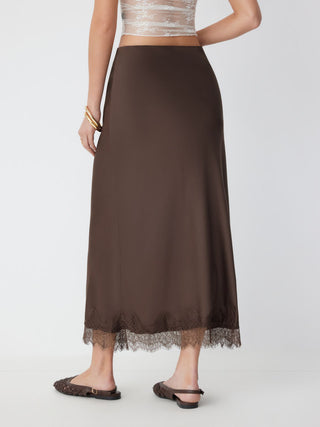 Satin High Rise Lace Panel Maxi Skirt