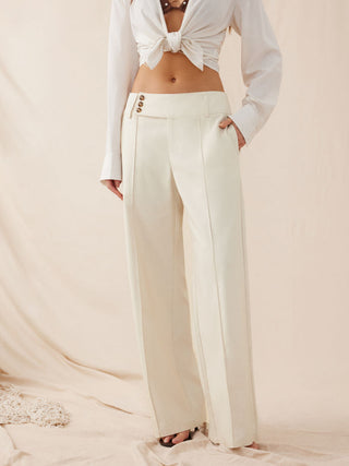 Woven Linen-blend Low Rise Pleated Wide Leg Trousers For Daily Casual Work