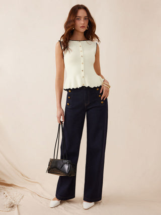 Knit Boat Neck Colorblock Ruffled Hem Metal Button Vest