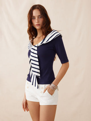 Cotton-blend Striped Sailor Collar Off-shoulder Mid-length Sleeve Tee