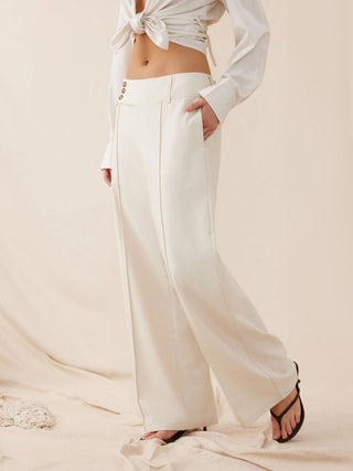 Woven Linen-blend Low Rise Pleated Wide Leg Trousers For Daily Casual Work