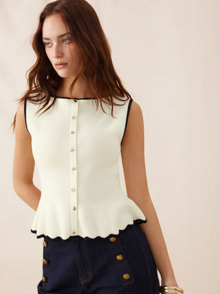 Knit Boat Neck Colorblock Ruffled Hem Metal Button Vest