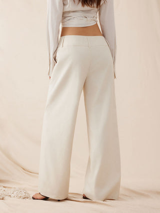 Woven Linen-blend Low Rise Pleated Wide Leg Trousers For Daily Casual Work
