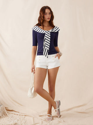 Cotton-blend Striped Sailor Collar Off-shoulder Mid-length Sleeve Tee