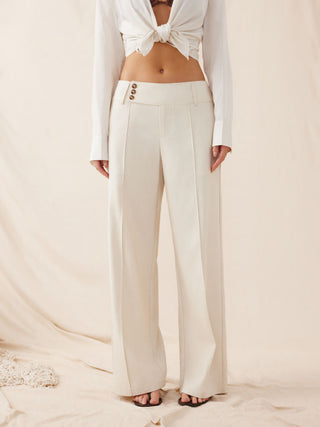 Woven Linen-blend Low Rise Pleated Wide Leg Trousers For Daily Casual Work