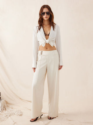Woven Linen-blend Low Rise Pleated Wide Leg Trousers For Daily Casual Work