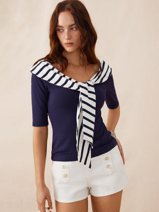 Cotton-blend Striped Sailor Collar Off-shoulder Mid-length Sleeve Tee