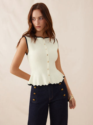 Knit Boat Neck Colorblock Ruffled Hem Metal Button Vest