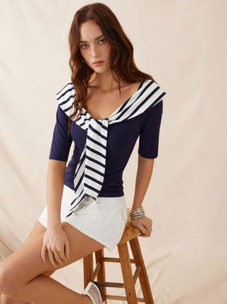 Cotton-blend Striped Sailor Collar Off-shoulder Mid-length Sleeve Tee