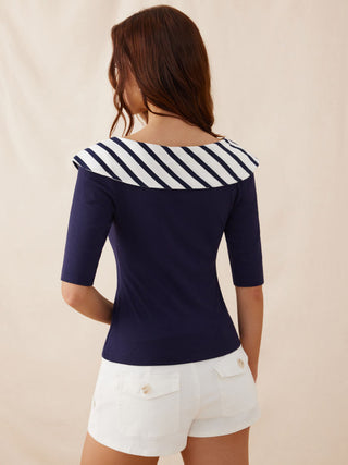 Cotton-blend Striped Sailor Collar Off-shoulder Mid-length Sleeve Tee