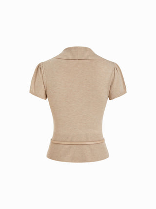 Knit V-neck Wrap Short Sleeve Top With Belt