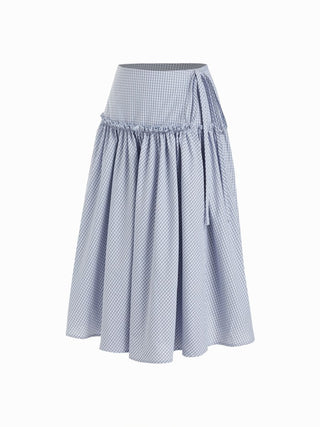 Mid Rise Tartan Lettuce Trim Knotted Midi Skirt