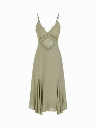 V-neck Lace Panel A-line Cami Midi Dress