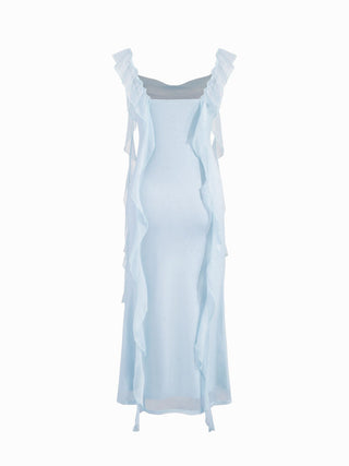 Cowl Neck Solid Glitter Ruffle Hem Maxi Dress