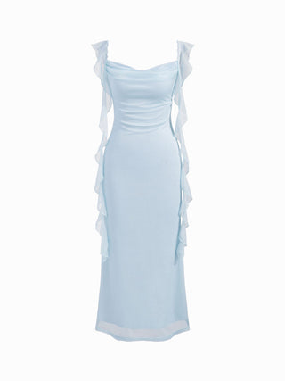 Cowl Neck Solid Glitter Ruffle Hem Maxi Dress