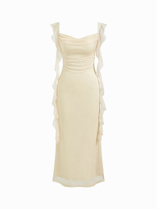 Cowl Neck Solid Glitter Ruffle Hem Maxi Dress