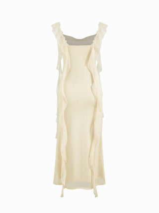 Cowl Neck Solid Glitter Ruffle Hem Maxi Dress