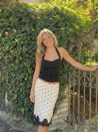 Cotton Polka Dot Halter Neck Ruched Tie Back Top