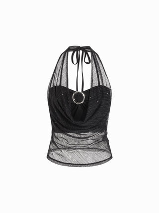 Textured Mesh Cowl Neck Metal Detail Ruched Top