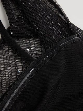 Textured Mesh Cowl Neck Metal Detail Ruched Top