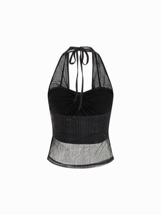 Textured Mesh Cowl Neck Metal Detail Ruched Top