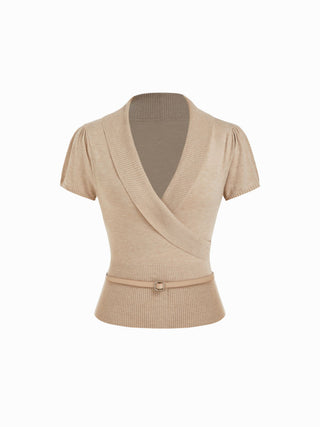 Knit V-neck Wrap Short Sleeve Top With Belt