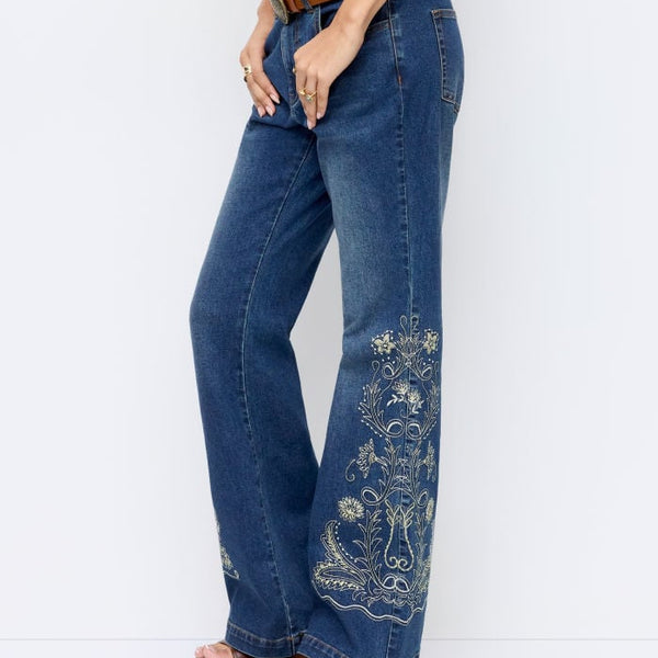Stretch Denim Floral Embroidery High Rise Flared Trousers