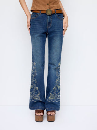 Stretch Denim Floral Embroidery High Rise Flared Trousers