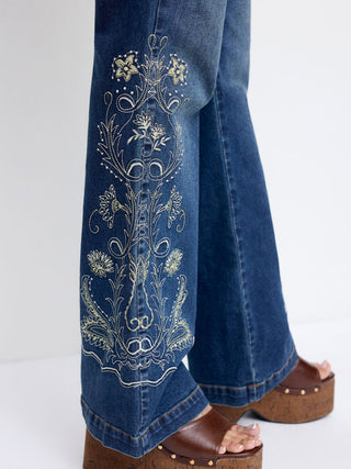 Stretch Denim Floral Embroidery High Rise Flared Trousers