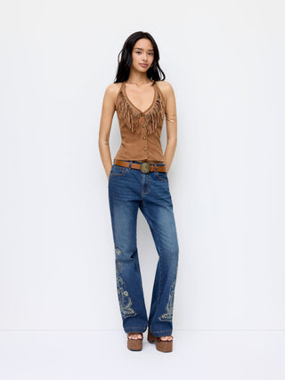 Stretch Denim Floral Embroidery High Rise Flared Trousers
