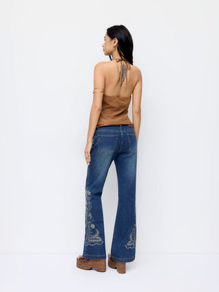 Stretch Denim Floral Embroidery High Rise Flared Trousers