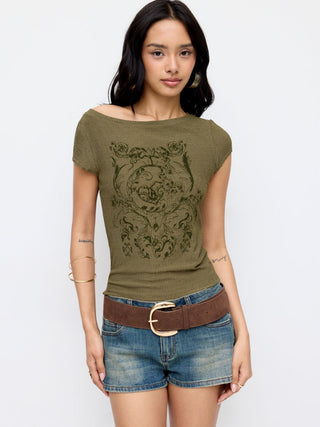 Knit Fabric High Stretch Boat Neck Graphic Tee For Daily Casual