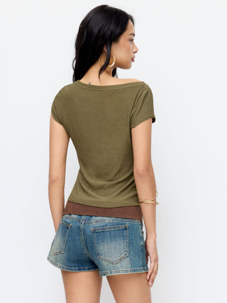 Knit Fabric High Stretch Boat Neck Graphic Tee For Daily Casual