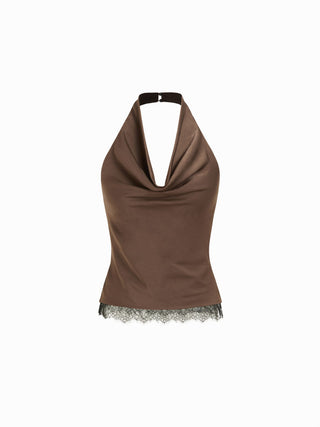 Satin Halter Neck Lace Trim Ruched Top
