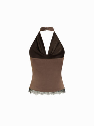 Satin Halter Neck Lace Trim Ruched Top