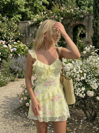 Lace Floral Sweetheart Neck Ruffle Trim Cami Mini Dress
