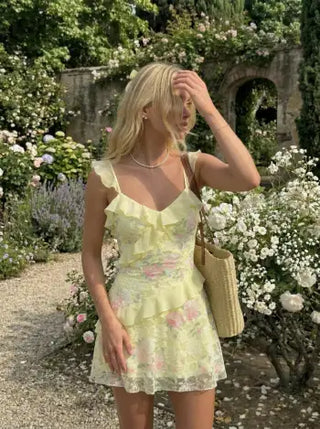 Lace Floral Sweetheart Neck Ruffle Trim Cami Mini Dress