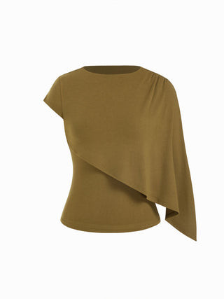 Knit Round Neckline Asymmetrical Cape Overlay Short Sleeve Top