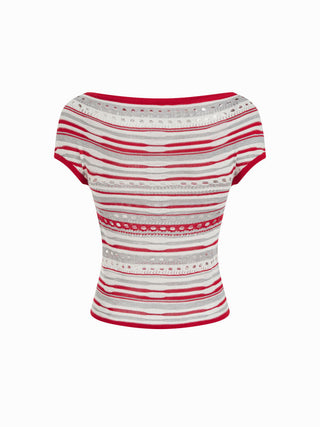 Knit Striped Pointelle Off-Shoulder Short Sleeve Top