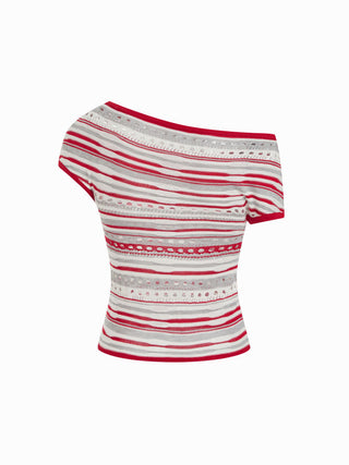Knit Striped Pointelle Off-Shoulder Short Sleeve Top