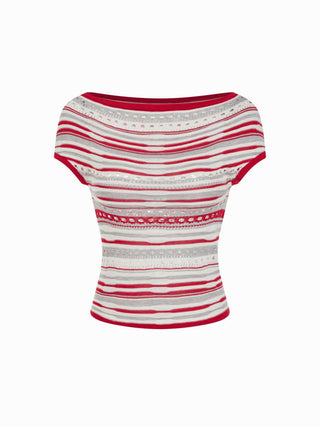 Knit Striped Pointelle Off-Shoulder Short Sleeve Top