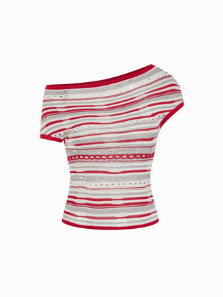 Knit Striped Pointelle Off-Shoulder Short Sleeve Top