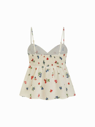 Fruit Graphic Sweetheart Neck Knotted Ruched Babydoll Cami Blouse
