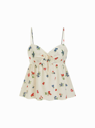 Fruit Graphic Sweetheart Neck Knotted Ruched Babydoll Cami Blouse
