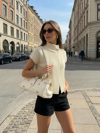 Knit Asymmetrical Neck Button Split Short Sleeve Top