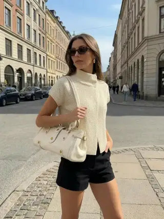 Knit Asymmetrical Neck Button Split Short Sleeve Top
