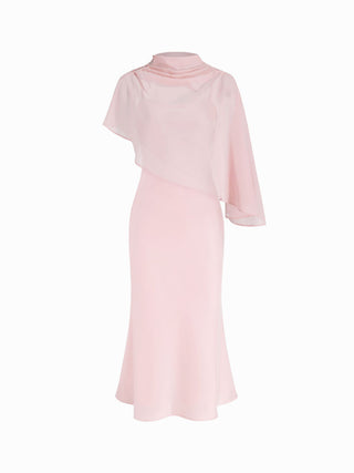 Satin High Neck Cape Sleeve Maxi Dress