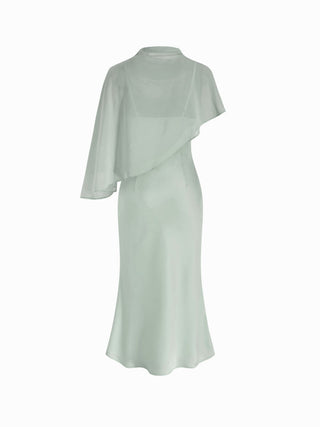 Satin High Neck Cape Sleeve Maxi Dress
