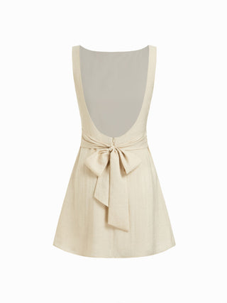 Linen-blend Boat Neck Solid Knotted Backless Mini Dress