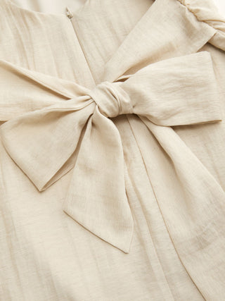 Linen-blend Boat Neck Solid Knotted Backless Mini Dress